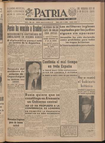 'Patria : diario de Falange Española Tradicionalista y de las J.O.N.S.' - Año XII Número 2ed_3168 - 1947 enero 28