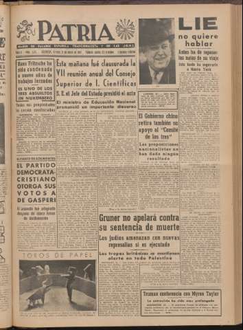 'Patria : diario de Falange Española Tradicionalista y de las J.O.N.S.' - Año XII Número 2ed_3171 - 1947 enero 31