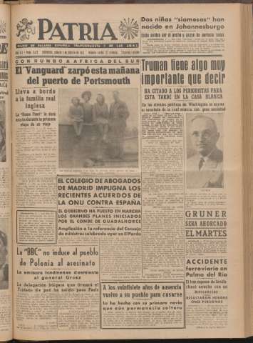 'Patria : diario de Falange Española Tradicionalista y de las J.O.N.S.' - Año XII Número 2ed_3172 - 1947 febrero 1