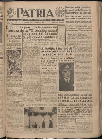 'Patria : diario de Falange Española Tradicionalista y de las J.O.N.S.' - Año XII Número 3172 - 1947 febrero 1