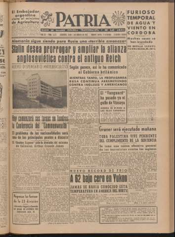 'Patria : diario de Falange Española Tradicionalista y de las J.O.N.S.' - Año XII Número 2ed_3173 - 1947 febrero 3