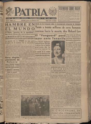 'Patria : diario de Falange Española Tradicionalista y de las J.O.N.S.' - Año XII Número 3176 - 1947 febrero 6