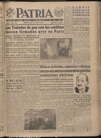 'Patria : diario de Falange Española Tradicionalista y de las J.O.N.S.' - Año XII Número 3180 - 1947 febrero 11