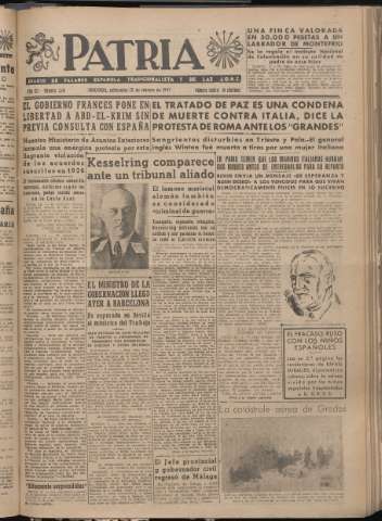 'Patria : diario de Falange Española Tradicionalista y de las J.O.N.S.' - Año XII Número 3181 - 1947 febrero 12