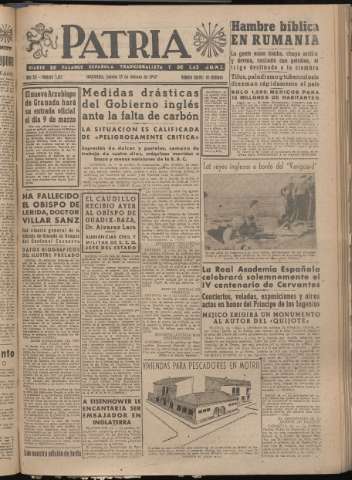 'Patria : diario de Falange Española Tradicionalista y de las J.O.N.S.' - Año XII Número 3182 - 1947 febrero 13