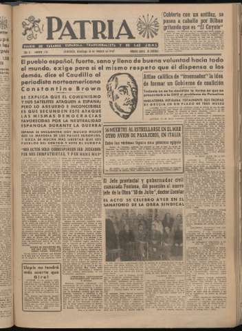 'Patria : diario de Falange Española Tradicionalista y de las J.O.N.S.' - Año XII Número 3185 - 1947 febrero 16