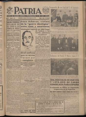 'Patria : diario de Falange Española Tradicionalista y de las J.O.N.S.' - Año XII Número 3186 - 1947 febrero 18