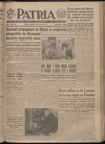 'Patria : diario de Falange Española Tradicionalista y de las J.O.N.S.' - Año XII Número 3187 - 1947 febrero 19