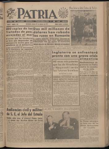 'Patria : diario de Falange Española Tradicionalista y de las J.O.N.S.' - Año XII Número 3188 - 1947 febrero 20