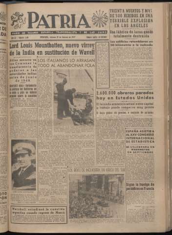 'Patria : diario de Falange Española Tradicionalista y de las J.O.N.S.' - Año XII Número 3189 - 1947 febrero 21