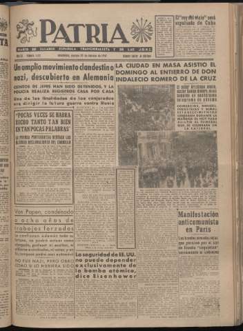 'Patria : diario de Falange Española Tradicionalista y de las J.O.N.S.' - Año XII Número 3192 - 1947 febrero 25