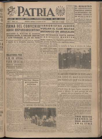 'Patria : diario de Falange Española Tradicionalista y de las J.O.N.S.' - Año XII Número 3197 - 1947 marzo 2