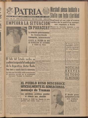 'Patria : diario de Falange Española Tradicionalista y de las J.O.N.S.' - Año XII Número 2ed_4006 - 1947 marzo 13