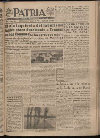 'Patria : diario de Falange Española Tradicionalista y de las J.O.N.S.' - Año XII Número 4010 - 1947 marzo 18