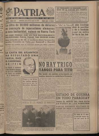 'Patria : diario de Falange Española Tradicionalista y de las J.O.N.S.' - Año XII Número 4012 - 1947 marzo 20