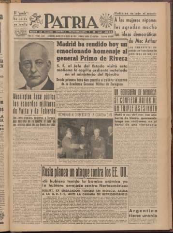 'Patria : diario de Falange Española Tradicionalista y de las J.O.N.S.' - Año XII Número 2ed_4016 - 1947 marzo 25