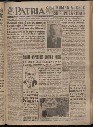 'Patria : diario de Falange Española Tradicionalista y de las J.O.N.S.' - Año XII Número 4017 - 1947 marzo 26