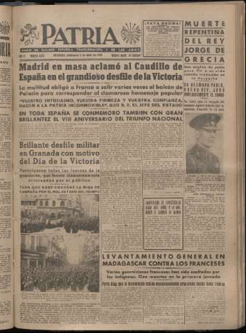 'Patria : diario de Falange Española Tradicionalista y de las J.O.N.S.' - Año XII Número 4023 - 1947 abril 2