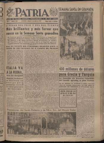 'Patria : diario de Falange Española Tradicionalista y de las J.O.N.S.' - Año XII Número 4025 - 1947 abril 5