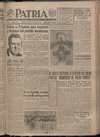 'Patria : diario de Falange Española Tradicionalista y de las J.O.N.S.' - Año XII Número 4033 - 1947 abril 15