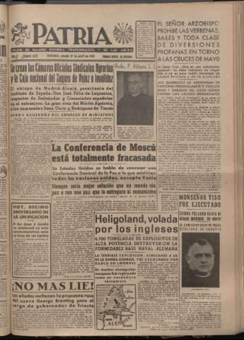 'Patria : diario de Falange Española Tradicionalista y de las J.O.N.S.' - Año XII Número 4037 - 1947 abril 19