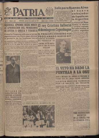 'Patria : diario de Falange Española Tradicionalista y de las J.O.N.S.' - Año XII Número 4039 - 1947 abril 22