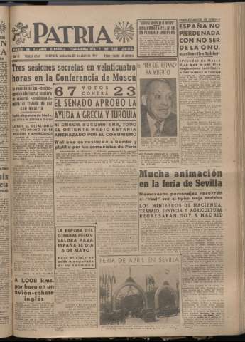 'Patria : diario de Falange Española Tradicionalista y de las J.O.N.S.' - Año XII Número 4040 - 1947 abril 23
