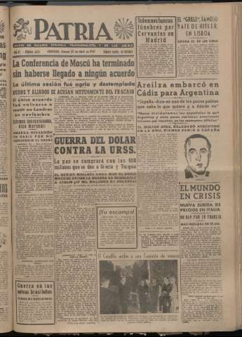 'Patria : diario de Falange Española Tradicionalista y de las J.O.N.S.' - Año XII Número 4042 - 1947 abril 25