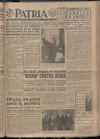 'Patria : diario de Falange Española Tradicionalista y de las J.O.N.S.' - Año XII Número 4043 - 1947 abril 26