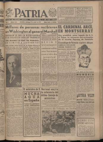 'Patria : diario de Falange Española Tradicionalista y de las J.O.N.S.' - Año XII Número 4044 - 1947 abril 27