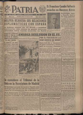'Patria : diario de Falange Española Tradicionalista y de las J.O.N.S.' - Año XII Número 4047 - 1947 mayo 1
