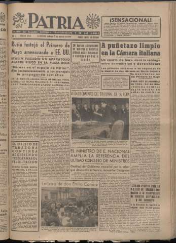 'Patria : diario de Falange Española Tradicionalista y de las J.O.N.S.' - Año XII Número 4049 - 1947 mayo 3