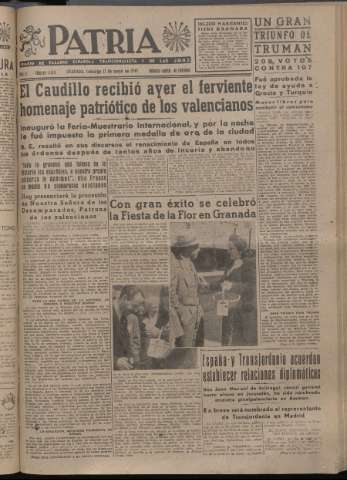 'Patria : diario de Falange Española Tradicionalista y de las J.O.N.S.' - Año XII Número 4056 - 1947 mayo 11