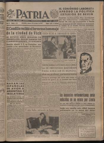 'Patria : diario de Falange Española Tradicionalista y de las J.O.N.S.' - Año XII Número 4072 - 1947 mayo 30