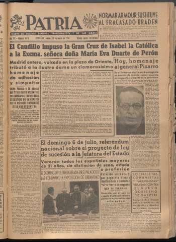 'Patria : diario de Falange Española Tradicionalista y de las J.O.N.S.' - Año XII Número 4080 - 1947 junio 11