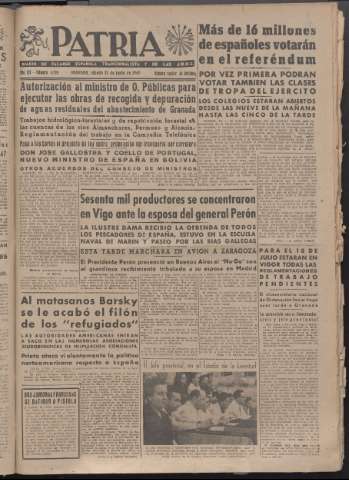 'Patria : diario de Falange Española Tradicionalista y de las J.O.N.S.' - Año XII Número 4089 - 1947 junio 21