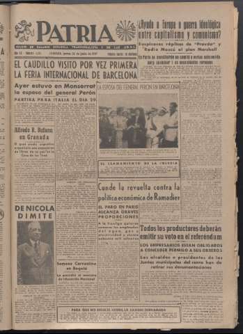 'Patria : diario de Falange Española Tradicionalista y de las J.O.N.S.' - Año XII Número 4093 - 1947 junio 26