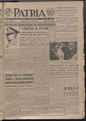 'Patria : diario de Falange Española Tradicionalista y de las J.O.N.S.' - Año XII Número 4094 - 1947 junio 27