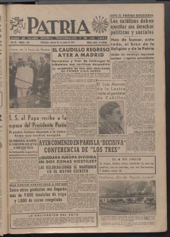 'Patria : diario de Falange Española Tradicionalista y de las J.O.N.S.' - Año XII Número 4095 - 1947 junio 28