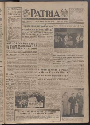 'Patria : diario de Falange Española Tradicionalista y de las J.O.N.S.' - Año XII Número 4096 - 1947 junio 29