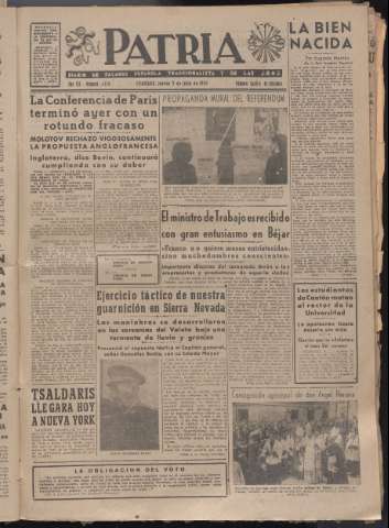 'Patria : diario de Falange Española Tradicionalista y de las J.O.N.S.' - Año XII Número 4099 - 1947 julio 3