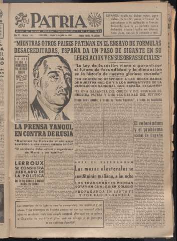 'Patria : diario de Falange Española Tradicionalista y de las J.O.N.S.' - Año XII Número 4101 - 1947 julio 5