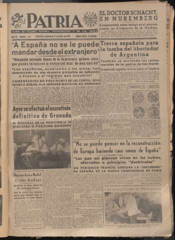 'Patria : diario de Falange Española Tradicionalista y de las J.O.N.S.' - Año XII Número 4104 - 1947 julio 9