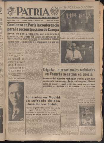 'Patria : diario de Falange Española Tradicionalista y de las J.O.N.S.' - Año XII Número 4108 - 1947 julio 13