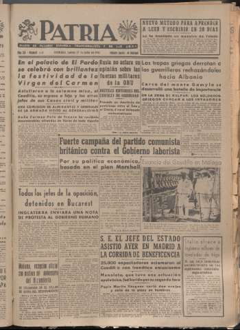 'Patria : diario de Falange Española Tradicionalista y de las J.O.N.S.' - Año XII Número 4111 - 1947 julio 17