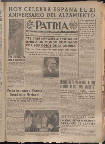 'Patria : diario de Falange Española Tradicionalista y de las J.O.N.S.' - Año XII Número 4112 - 1947 julio 18