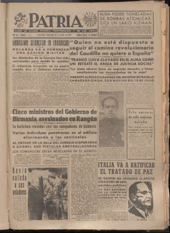 'Patria : diario de Falange Española Tradicionalista y de las J.O.N.S.' - Año XII Número 4114 - 1947 julio 20