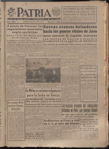 'Patria : diario de Falange Española Tradicionalista y de las J.O.N.S.' - Año XII Número 4117 - 1947 julio 24
