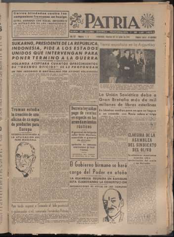 'Patria : diario de Falange Española Tradicionalista y de las J.O.N.S.' - Año XII Número 4118 - 1947 julio 25