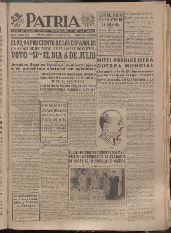 'Patria : diario de Falange Española Tradicionalista y de las J.O.N.S.' - Año XII Número 4120 - 1947 julio 27